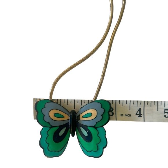 Eisenberg • Vintage Enamel Modernist Butterfly Pendant Necklace Gold Tone Green - Picture 14 of 15
